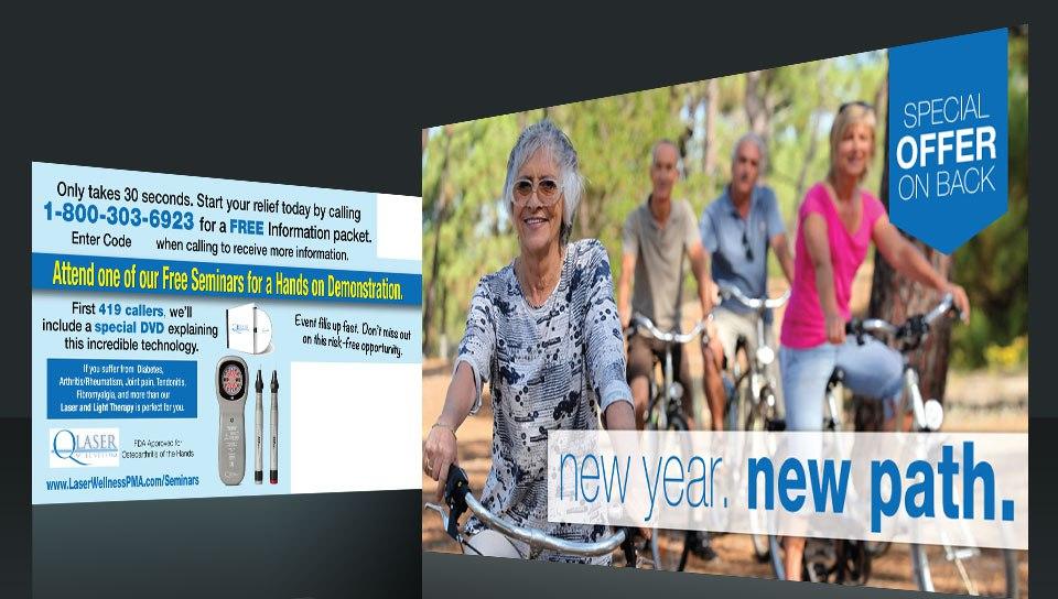 Custom variable data printing VDP postcard marketing layout featuring personalized consumer data for Q Laser treatment centers.