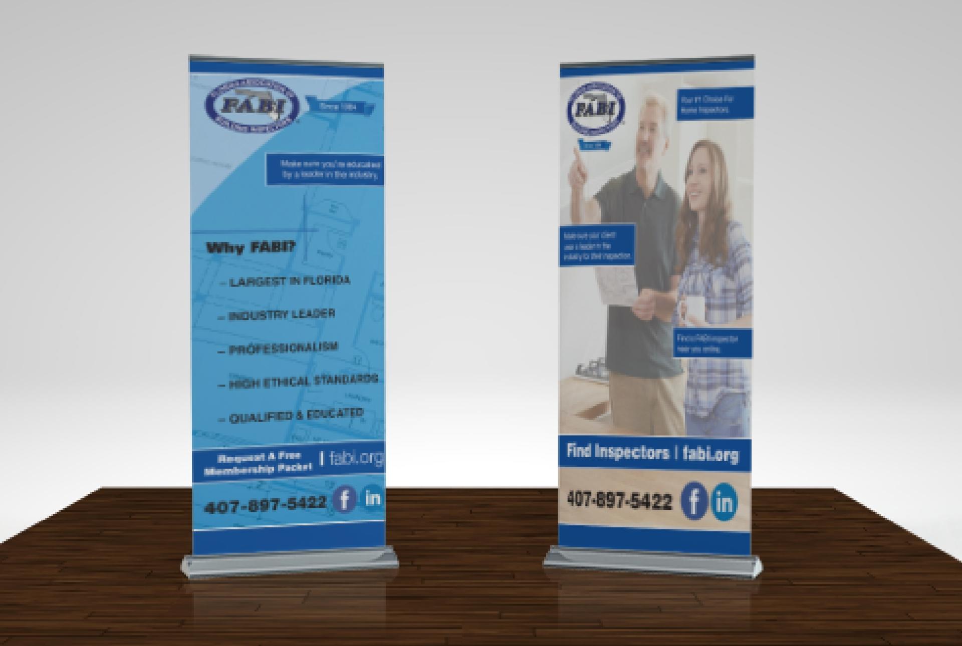 Custom vertical roll-up retractable banner stand graphic design layout for FABI Florida Association of Building Inspectors education events.