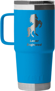 A sleek, branded tumbler in a vibrant color with a logo prominently displayed
