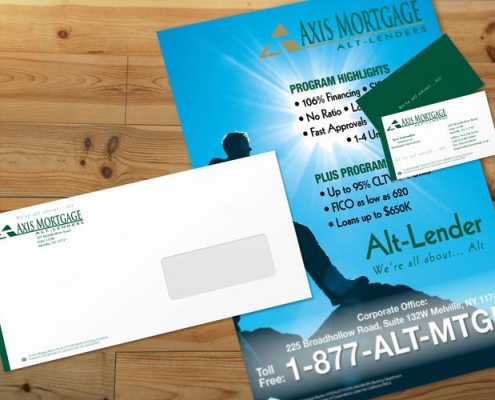 Axis Mortgage B2B Corporate Mailer Kit Premium B2B alternative lender direct mail package featuring a custom corporate window envelope, a program highlights flyer with a structured underwriting matrix, and matching professional business cards.