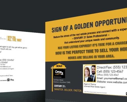 Century 21 Real Estate Marketing Campaign Double-sided Century 21 real estate agent lead generation postcard utilizing brand-compliant color blocking, agent headshot integration, and expired listing prospecting hooks.