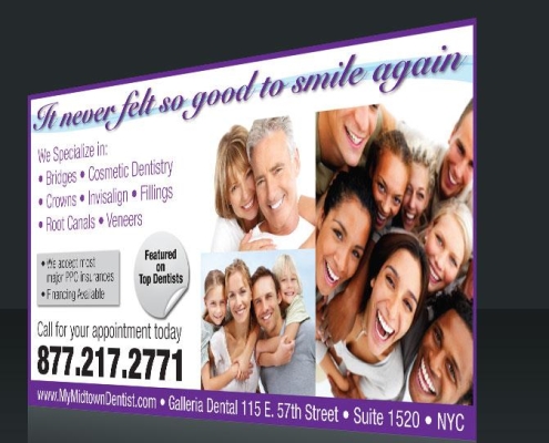 Galleria Dental Cosmetic Campaign Local cosmetic dentistry direct mail postcard featuring multi-generational smile imagery, high-visibility contact details, and a clear list of specialized dental services like veneers, crowns, and Invisalign.