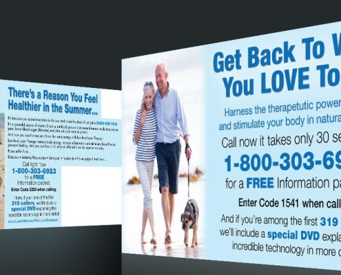 QLaser Senior Wellness Campaign Double-sided direct response laser therapy postcard targeting a senior health demographic, featuring natural healing copy, toll-free tracking codes, and a free information packet/DVD call-to-action.