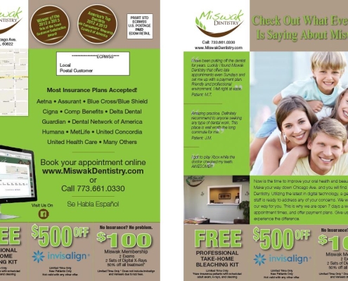 Miswak Dentistry EDDM Campaign Double-sided dental EDDM flyer featuring a targeted local map, accepted insurance listings, customer testimonials, and clear promotional coupons for a free bleaching kit, $500 off Invisalign, and membership plan options.